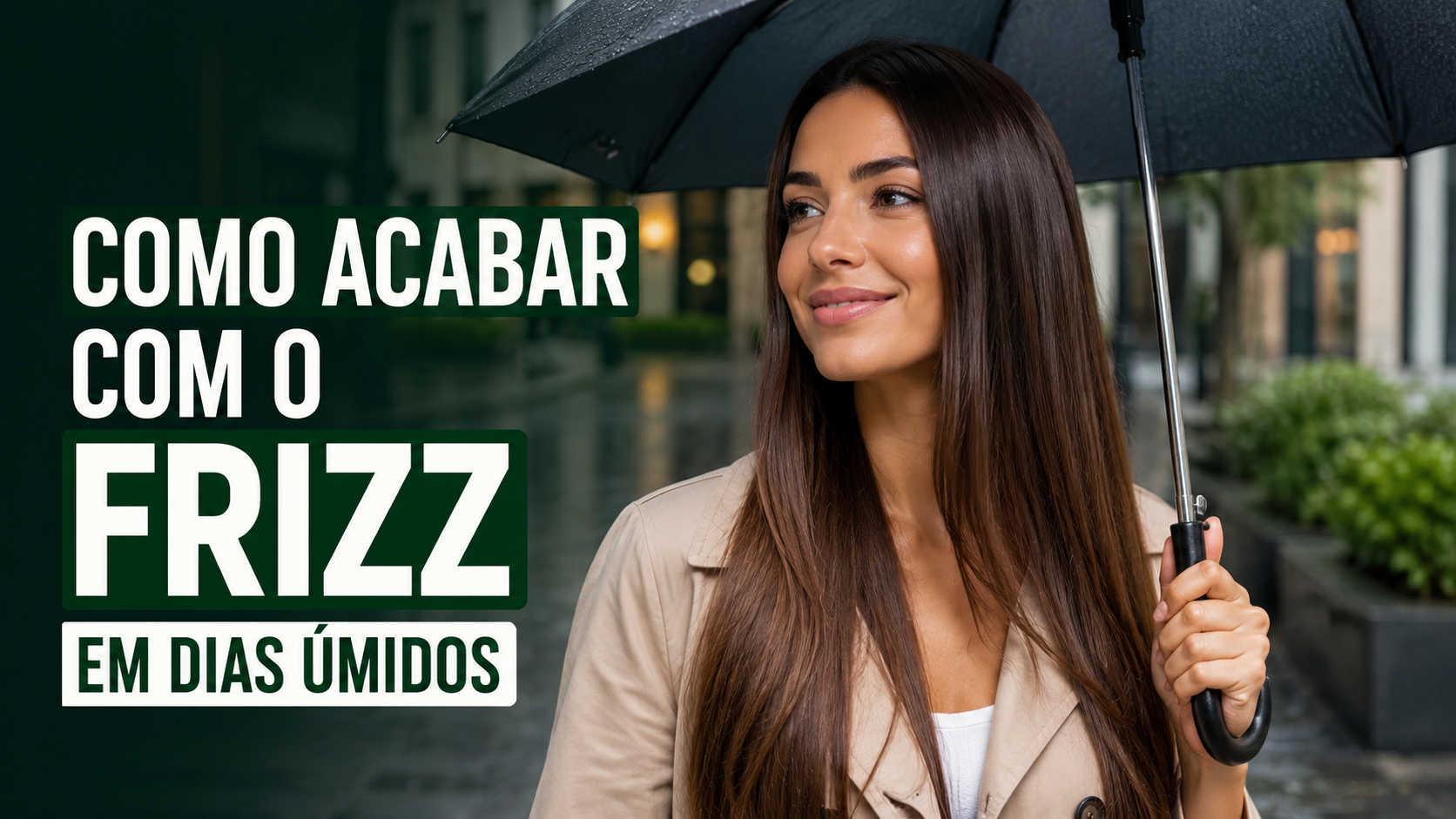 Mulher com cabelos alinhados e brilhantes em ambiente externo durante dia úmido
