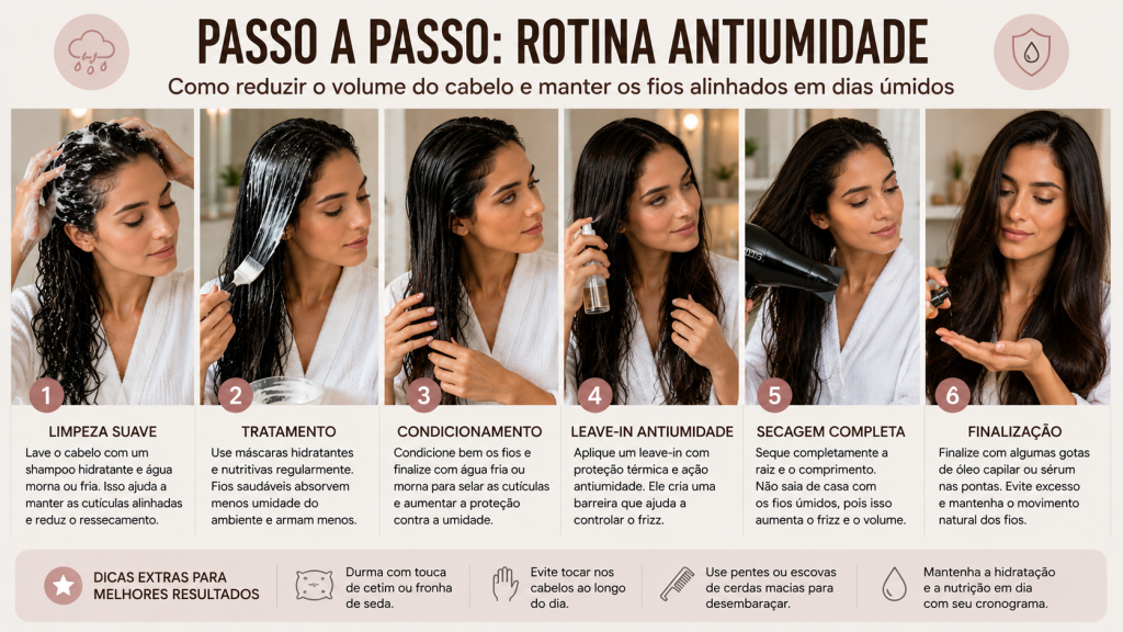 Mulher exibindo cabelos alinhados, brilhantes e com pouco frizz após adotar cuidados para reduzir o volume em dias úmidos.