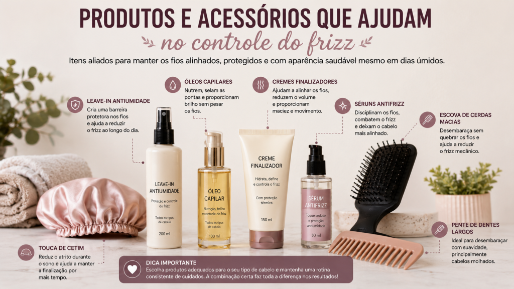 Produtos e acessórios utilizados para controlar o frizz e reduzir o volume dos cabelos em dias úmidos.